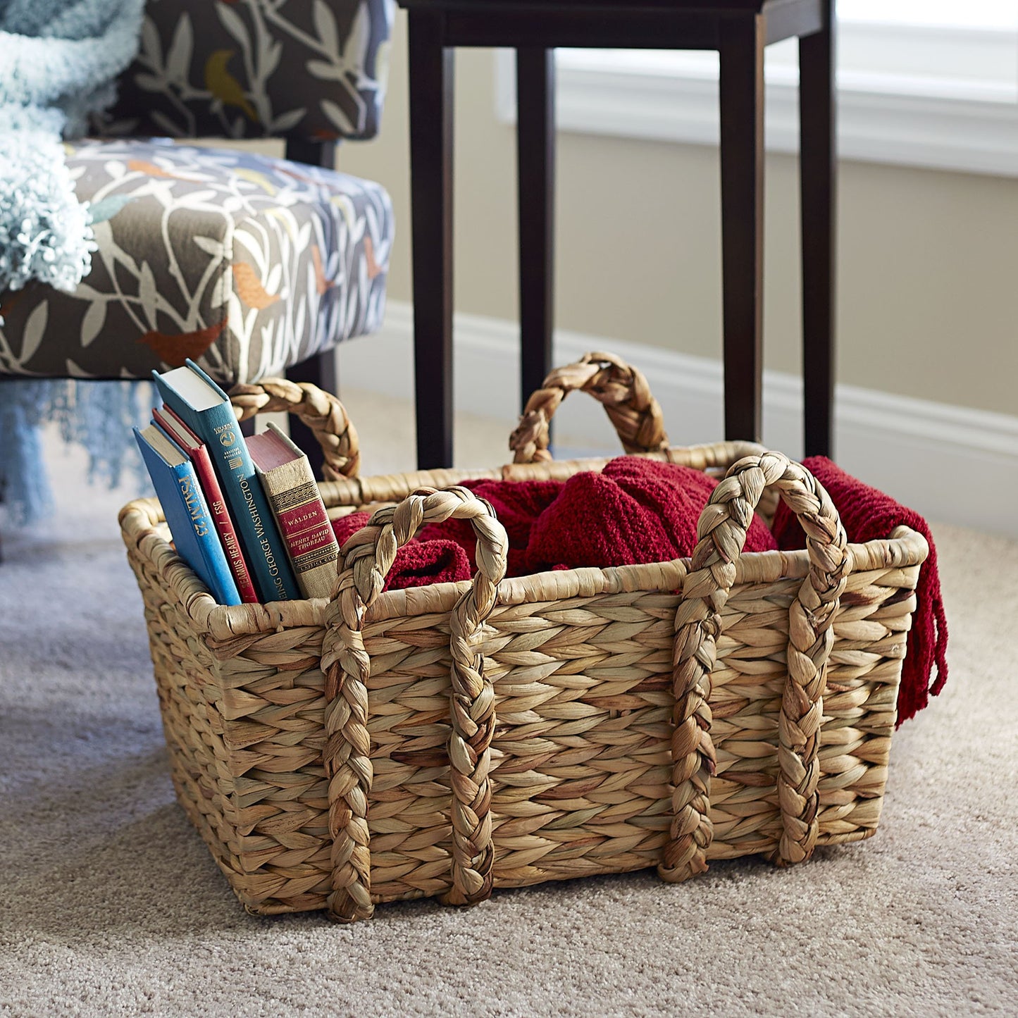 Household Essentials Large Rectangular Floor Storage Basket with Braided Handles, Light Brown