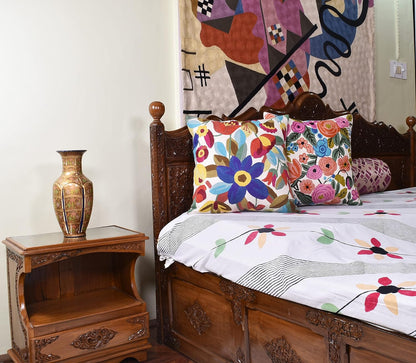 Cream Floral Pillow Cover Blue Flower Pillowcase Boho Cushion Florals Accent Throw Pillowsham Wool