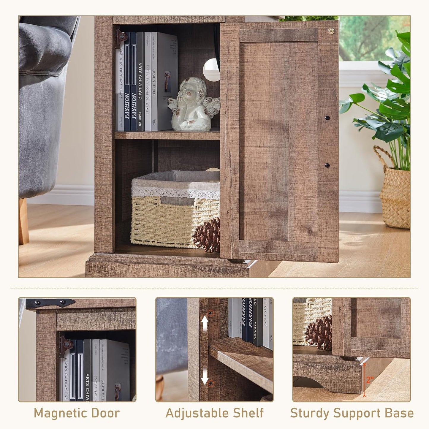 JXQTLINGMU Nightstand with Charging Station, Rectangular Farmhouse End Table with Barn Door and