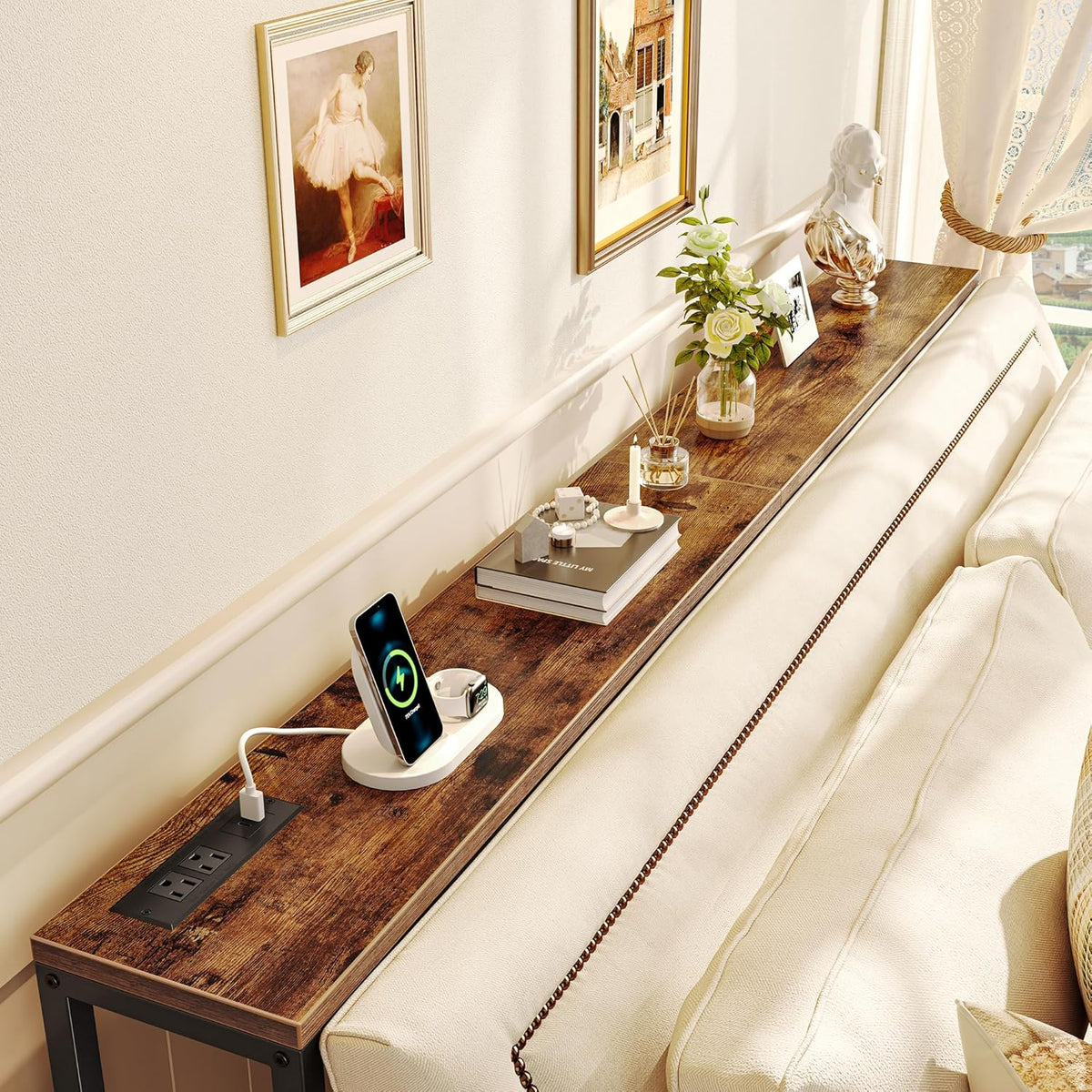 SUPERJARE 70 Inch Console Table with Outlet, Sofa Table with Charging Station, Narrow Entryway