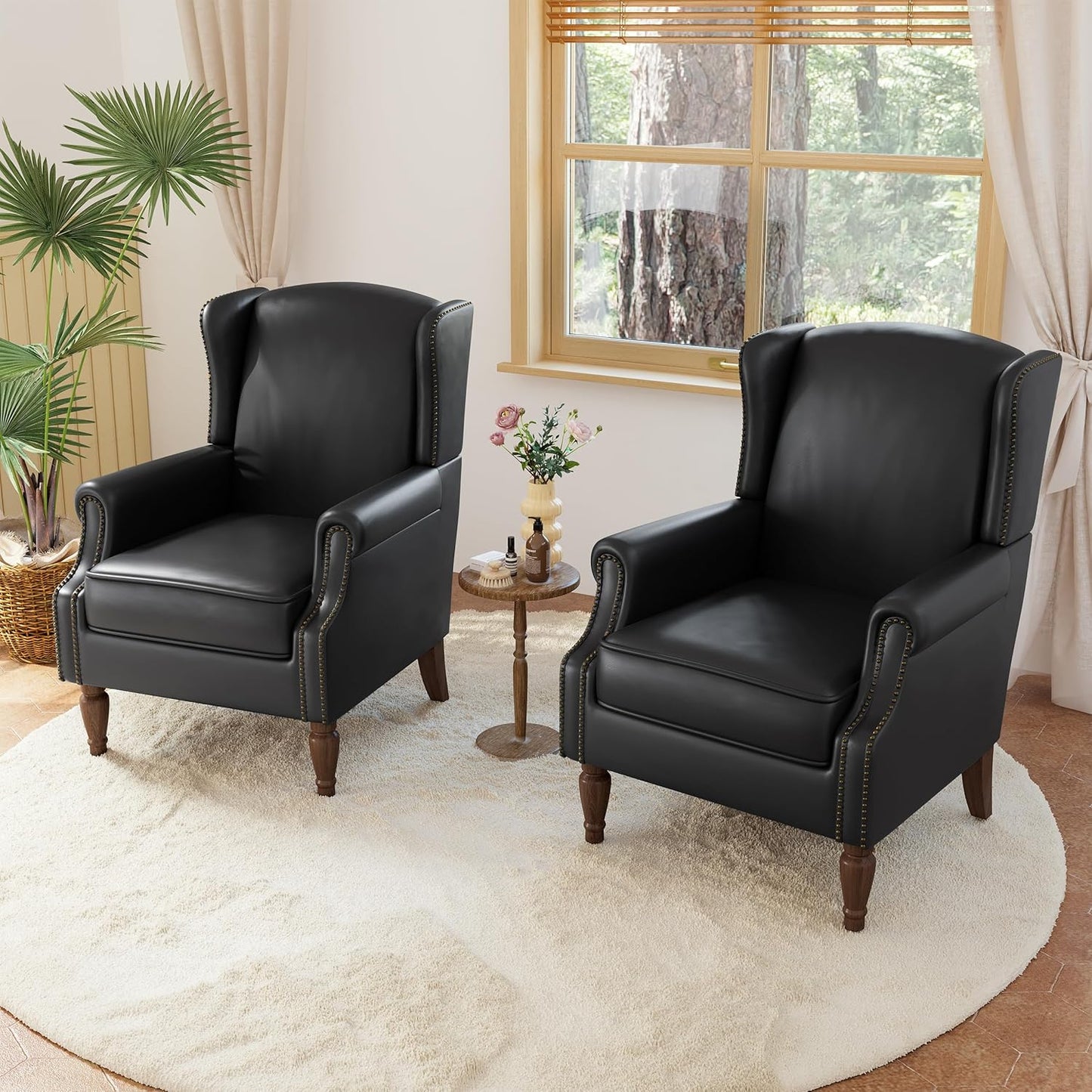 Accent Chairs, Faux Leather High Back Armchair Set of 2 or Living Room, Comfy Upholstered Single