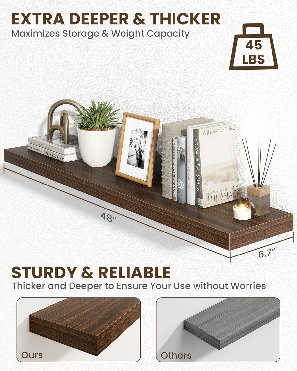 Marsmiles 48" Floating Shelves for Wall, Wooden Shelves with Invisible Brackets Set of 2, Rustic