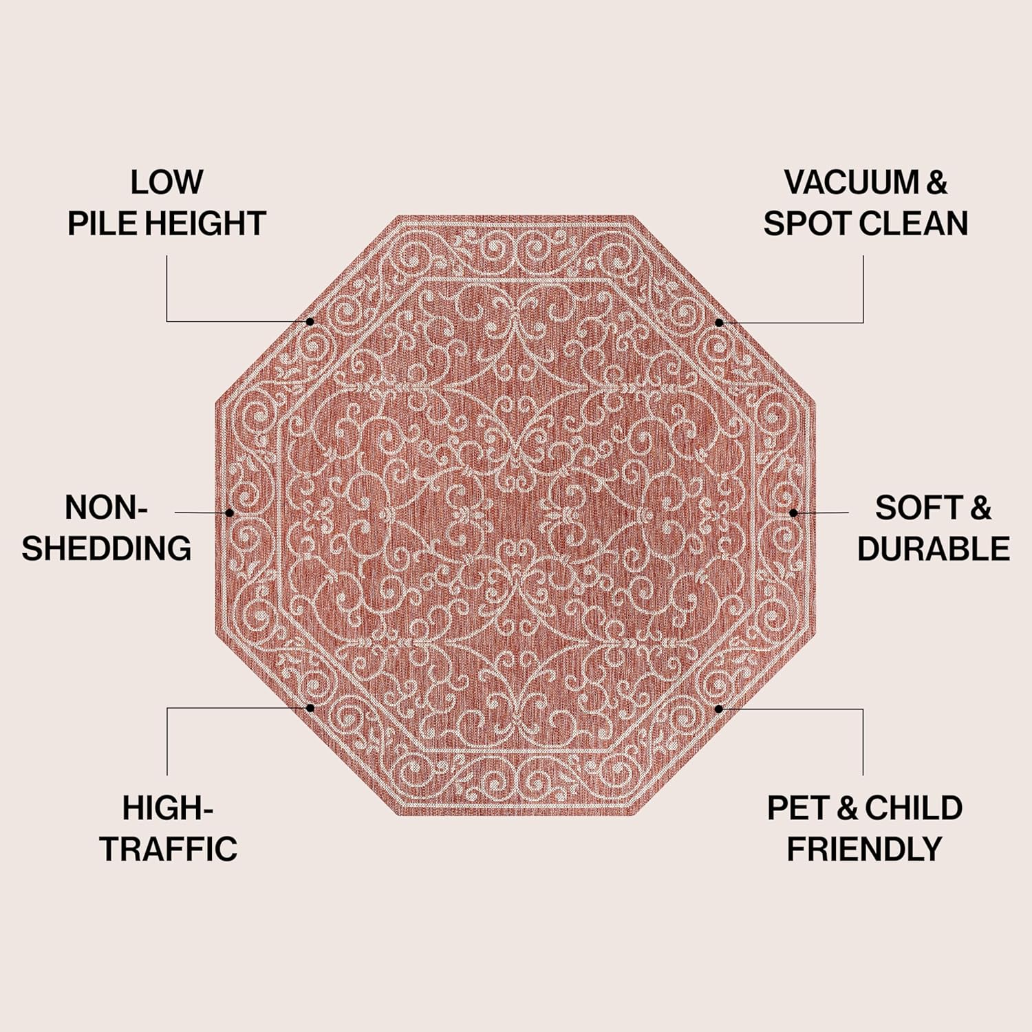 JONATHAN Y Vintage Filigree Indoor Outdoor Octagon Area Rug 8 Ft Red/Beige, Charleston Textured