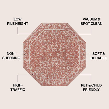 JONATHAN Y Vintage Filigree Indoor Outdoor Octagon Area Rug 8 Ft Red/Beige, Charleston Textured
