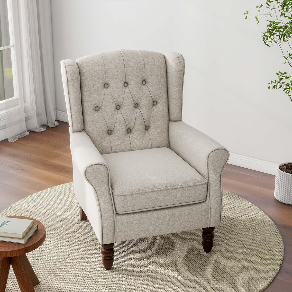 Accent Chair, Upholstered Armchair with Button Tufted High Back & Solid Wood Legs, Comfy Wingback