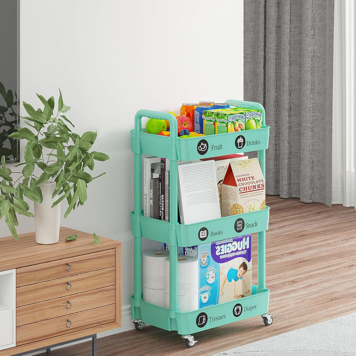 Laiensia 3-Tier Rolling Cart with Wheels,Multifunction Utility Storage carts, Kitchen Storage