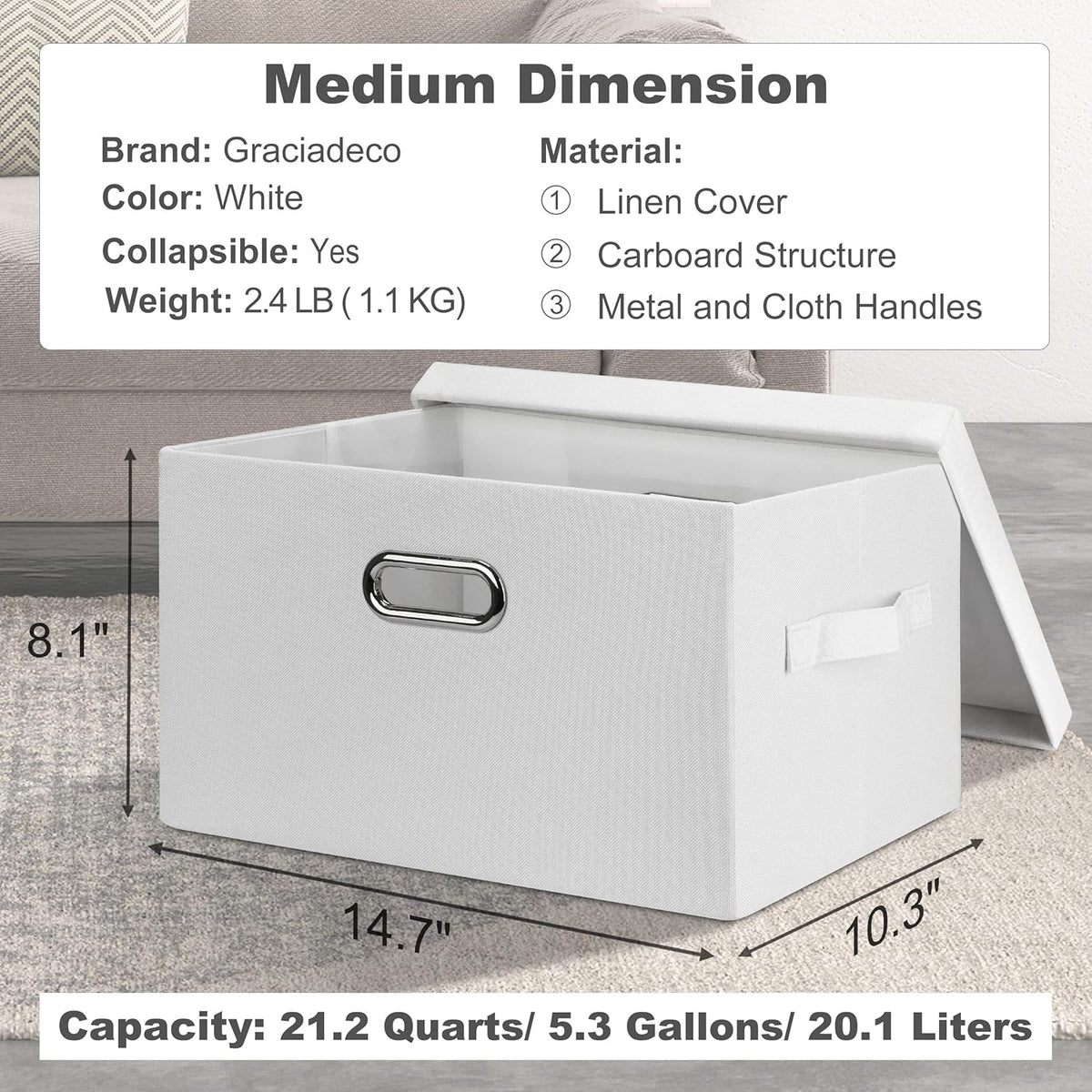 Medium 15" 21 Quart Collapsible Stackable Storage Bins with Lids, 3 Packs White Foldable Fabric