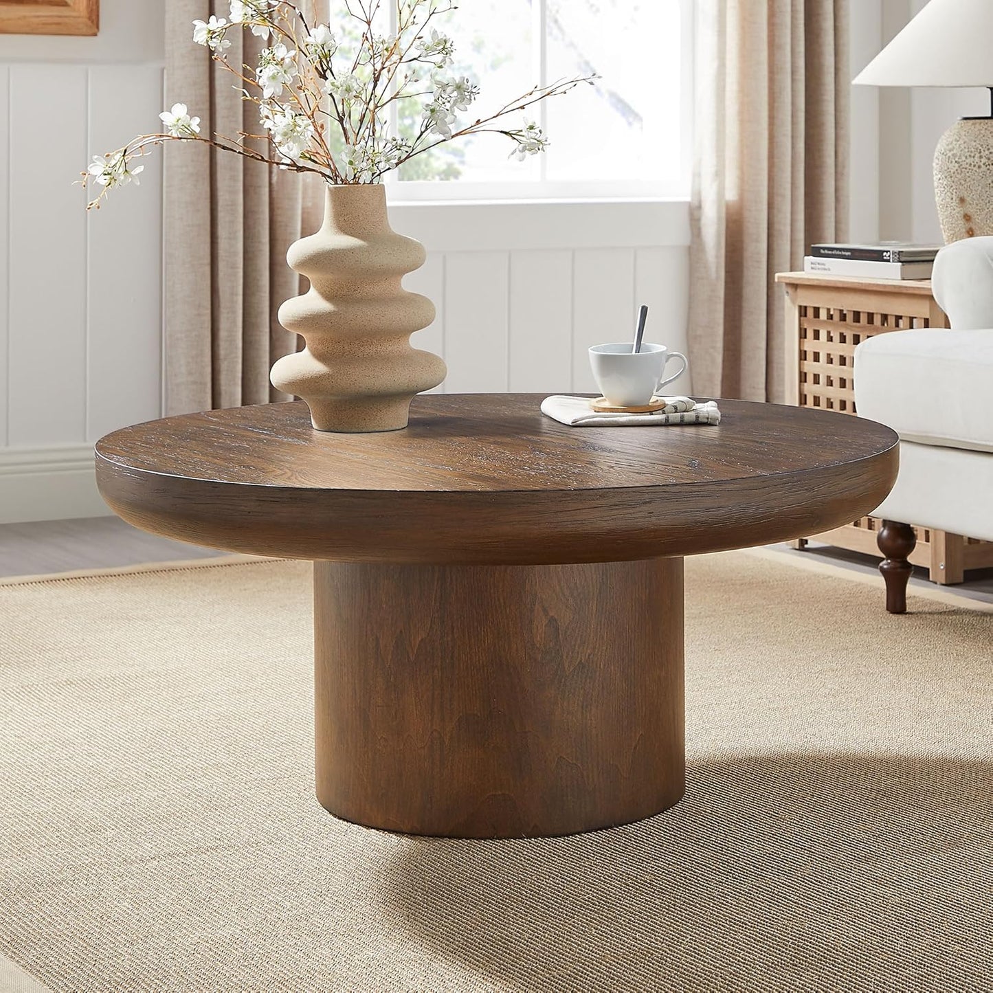 WILLIAMSPACE 35.98" Round Coffee Table with Cylindrical Base, Modern Wood Drum Center Table, Accent