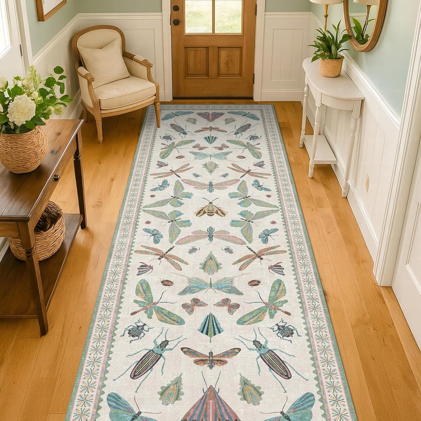 Insect Print Long Hallway Runner Rug - Light Green Rug for Kitchen Floor, Entryway Runner Rug