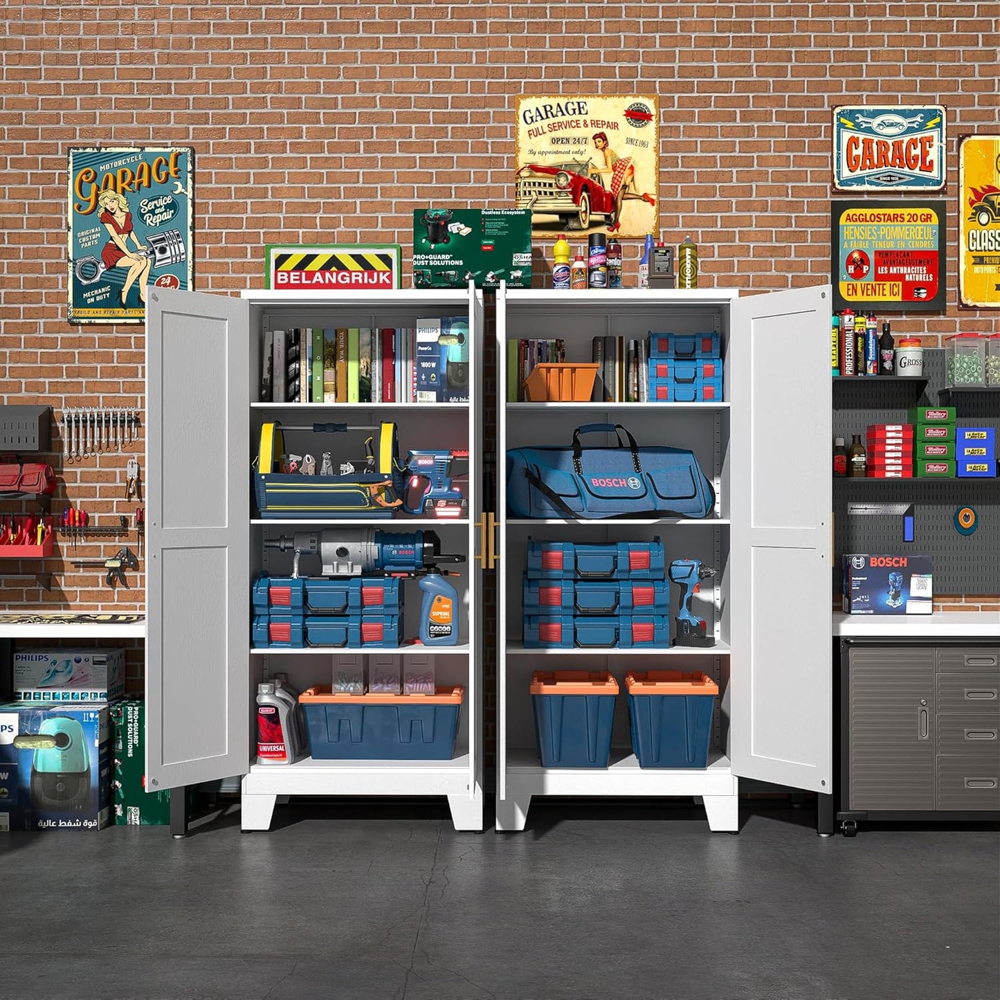 White Metal Storage Cabinet, 61" Steel Cabinets for Home Office, Kitchen Pantry Storage Cabinet