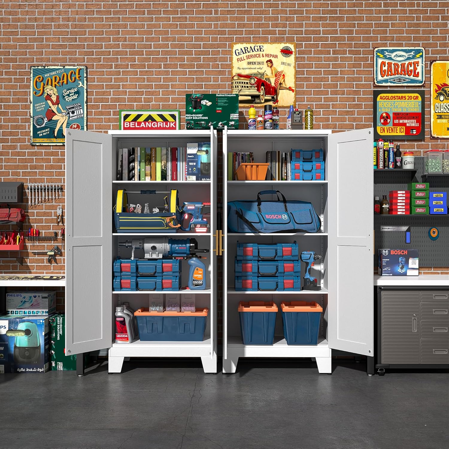 White Metal Storage Cabinet, 61" Steel Cabinets for Home Office, Kitchen Pantry Storage Cabinet