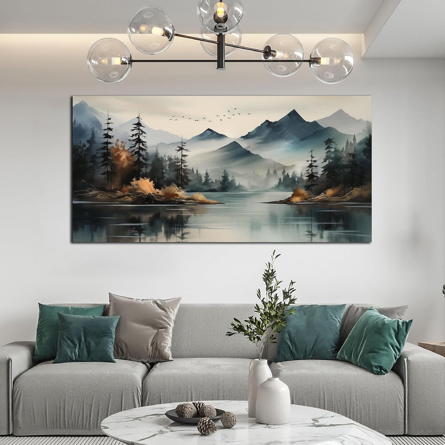 Rustic Wall Art for Living Room Large Size Teal Mountain Tree Landscape Canvas Wall Art for Bedroom