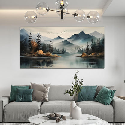 Rustic Wall Art for Living Room Large Size Teal Mountain Tree Landscape Canvas Wall Art for Bedroom