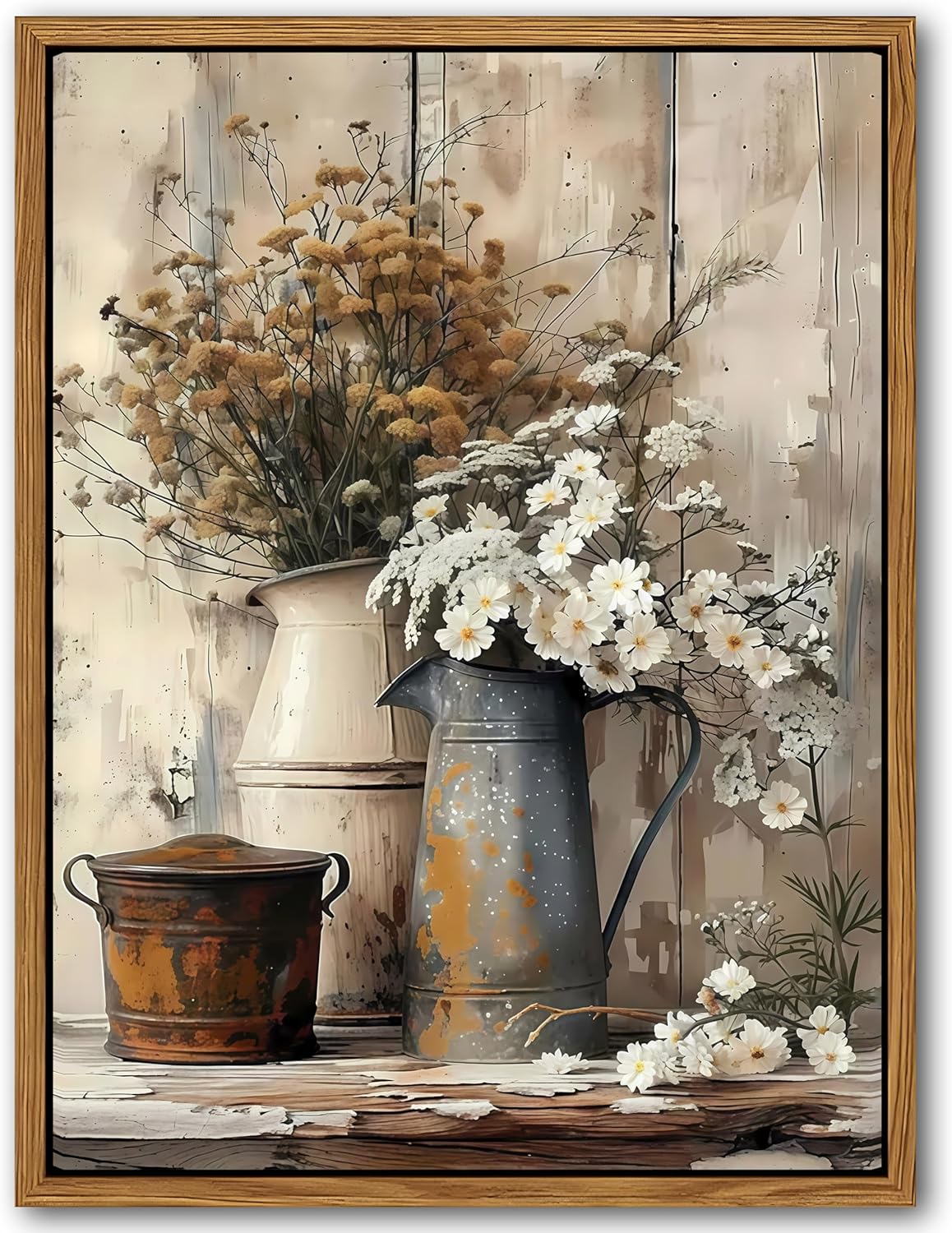 Floating Framed Farmhouse Vintage Canvas Wall Art, Country Floral Daisy Pictures Wall Decor, Wood
