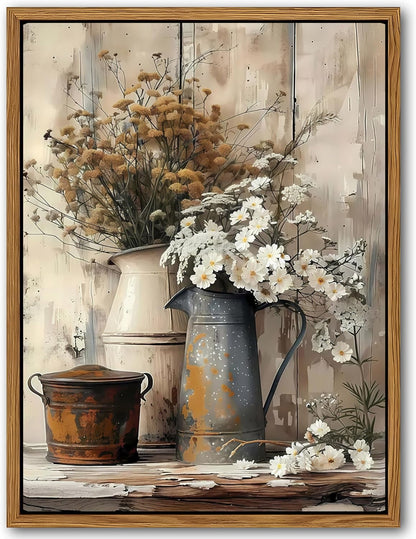 Floating Framed Farmhouse Vintage Canvas Wall Art, Country Floral Daisy Pictures Wall Decor, Wood