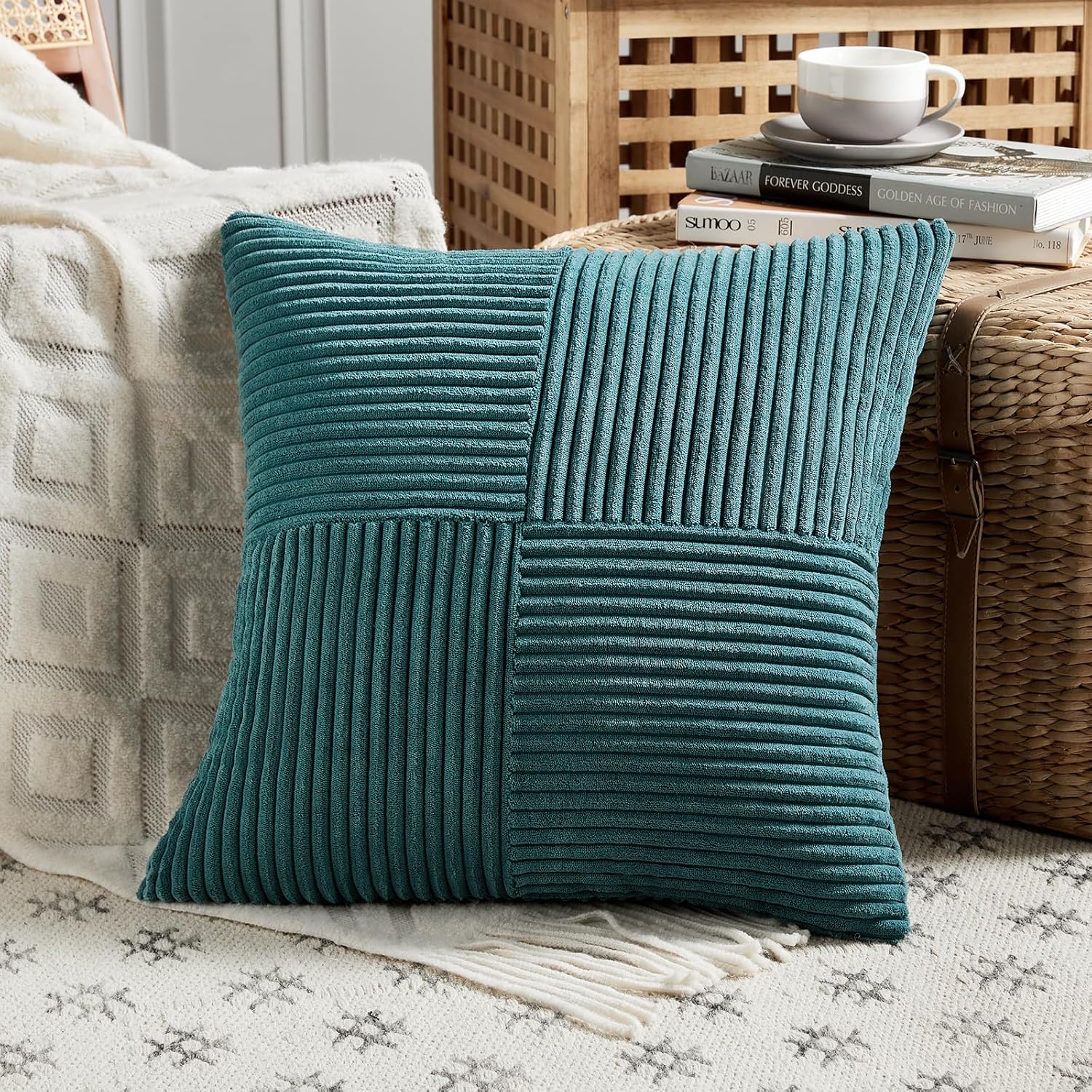 Fancy Homi 2 Packs Teal Euro Decorative Throw Pillow Covers 28x28 Inch for Couch Bed Sofa, Rustic