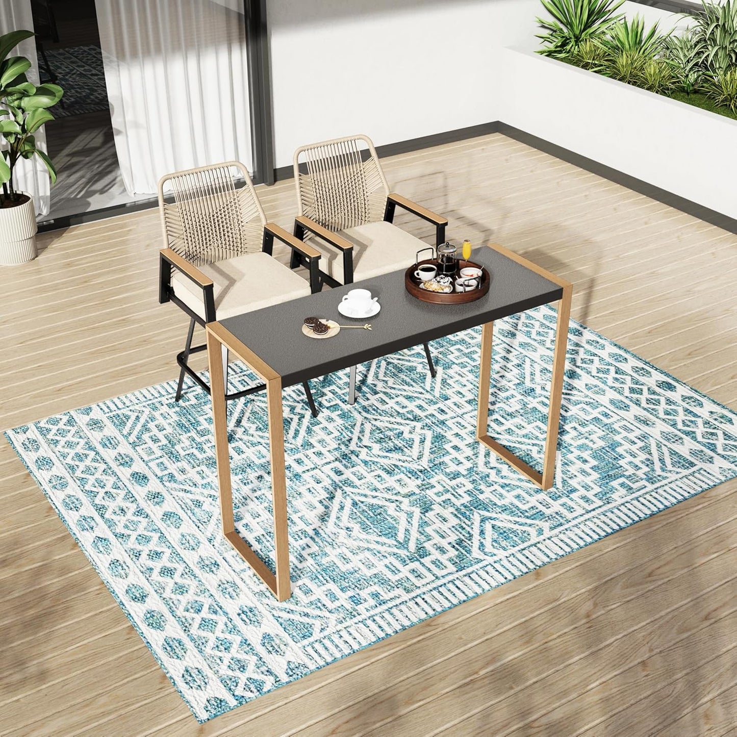 PHI VILLA Outdoor Bar Table for 2-4 Person - 55" W x 40" H Bar Height Patio Bistro Table with Stone