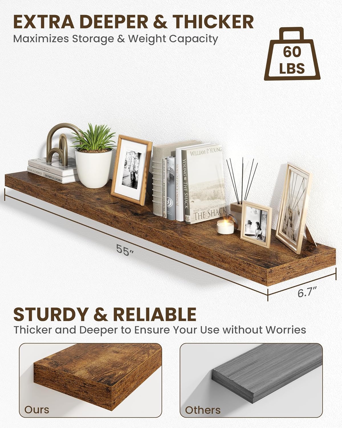 Marsmiles 55" Floating Shelves for Wall, Wooden Shelves with Invisible Brackets Set of 2, Rustic