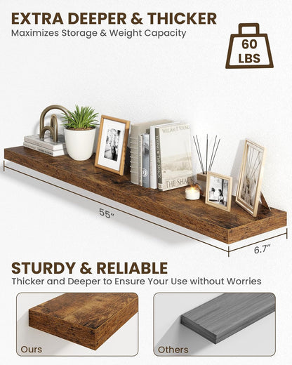 Marsmiles 55" Floating Shelves for Wall, Wooden Shelves with Invisible Brackets Set of 2, Rustic