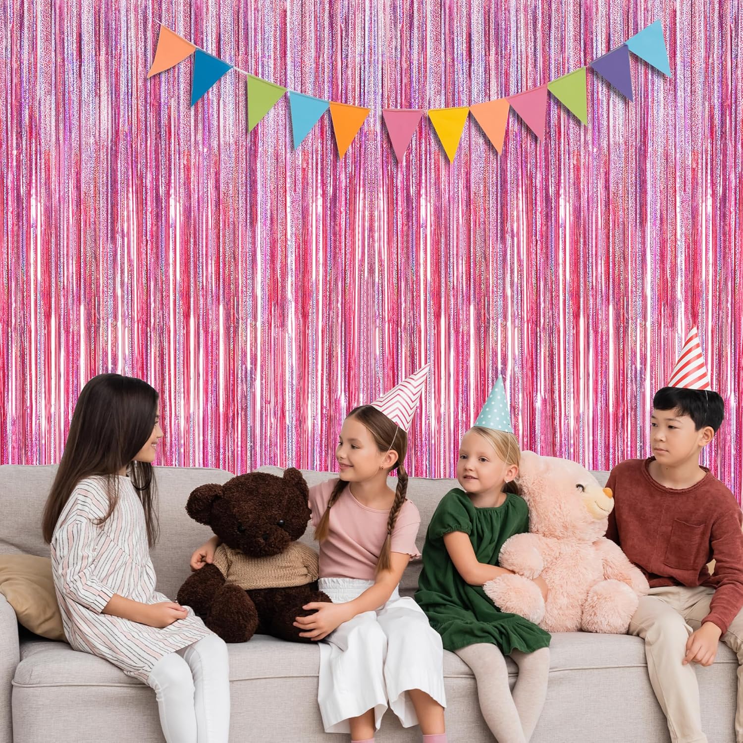4 Pack Pink Backdrop, 3.28 FT x7.05 FT Foil Fringe Curtains, Metallic Glitter Pink Streamer Fringe