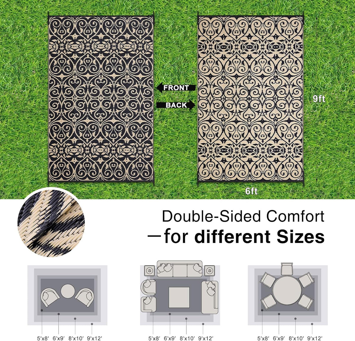 OLANLY Outdoor Rug Waterproof 6x9 ft Clearance, Reversible Outdoor Plastic Straw Rug with Floral
