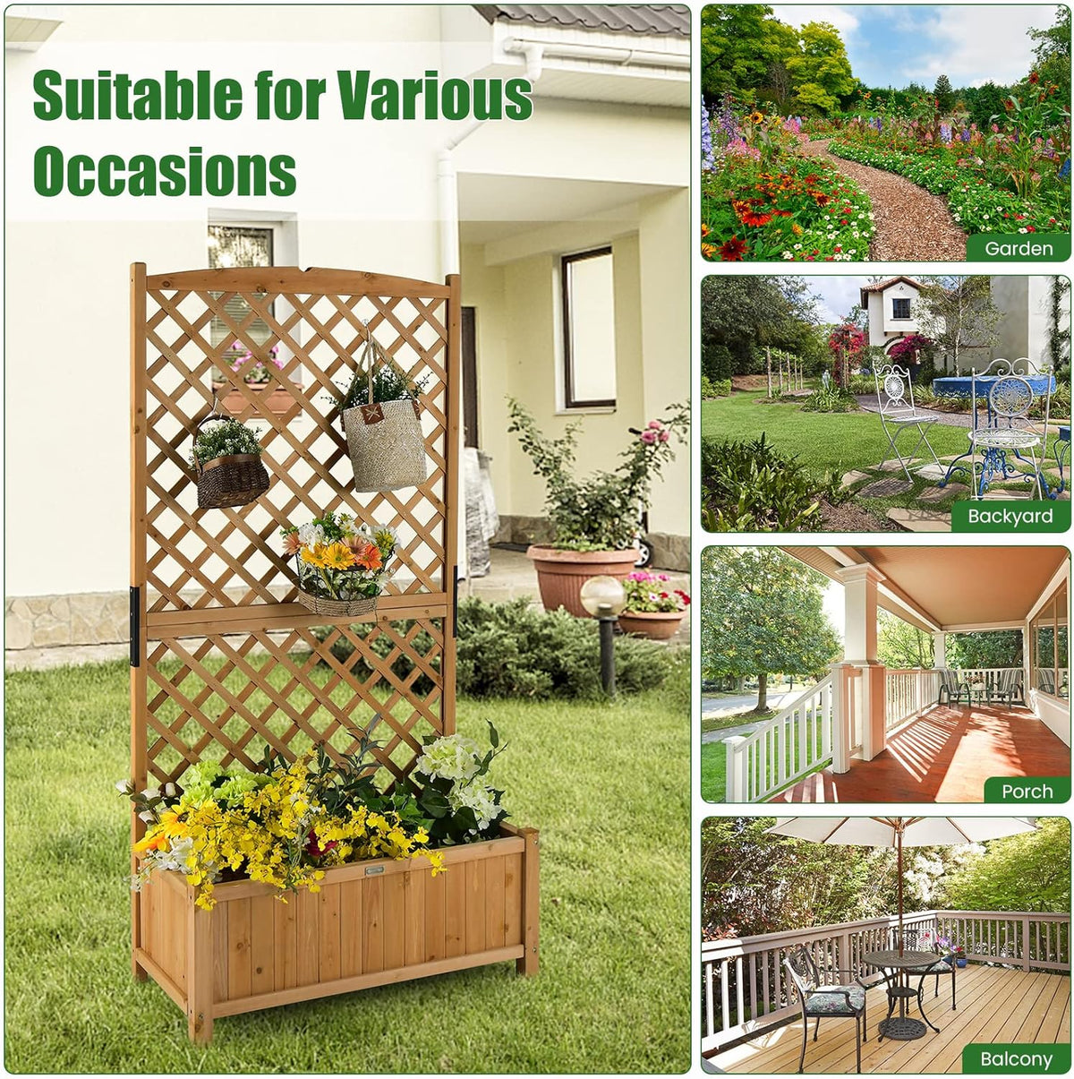 HAPPYGRILL 2 Pcs Raised Garden Bed, 71" Garden Planter with Trellis, Drainage Holes, Freestanding