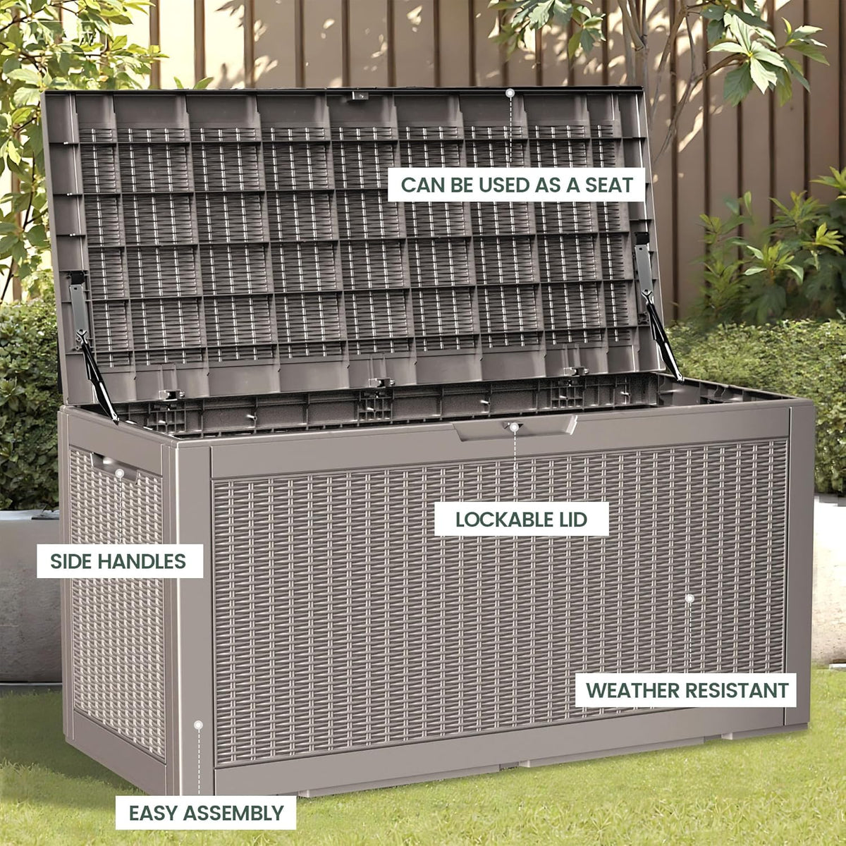 100 Gallon Storage Box, Waterproof Resin Deck Box with Hydraulic Piston Design, Lockable Storage