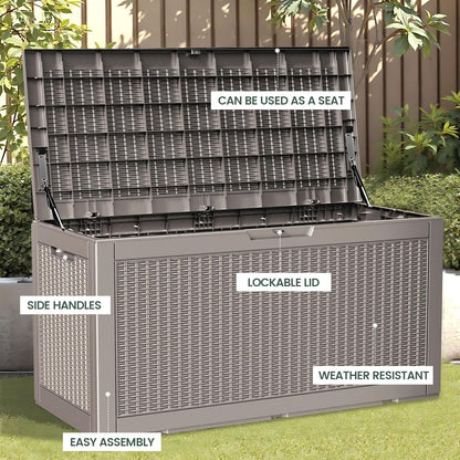 100 Gallon Storage Box, Waterproof Resin Deck Box with Hydraulic Piston Design, Lockable Storage