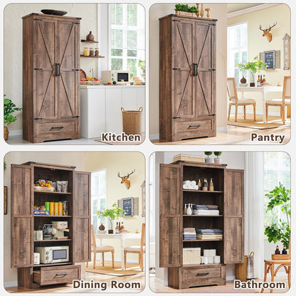 72" Tall Wood Storage Cabinet, Farmhouse Kitchen Pantry Cabinet with Adjustable Shelves & Drawer &