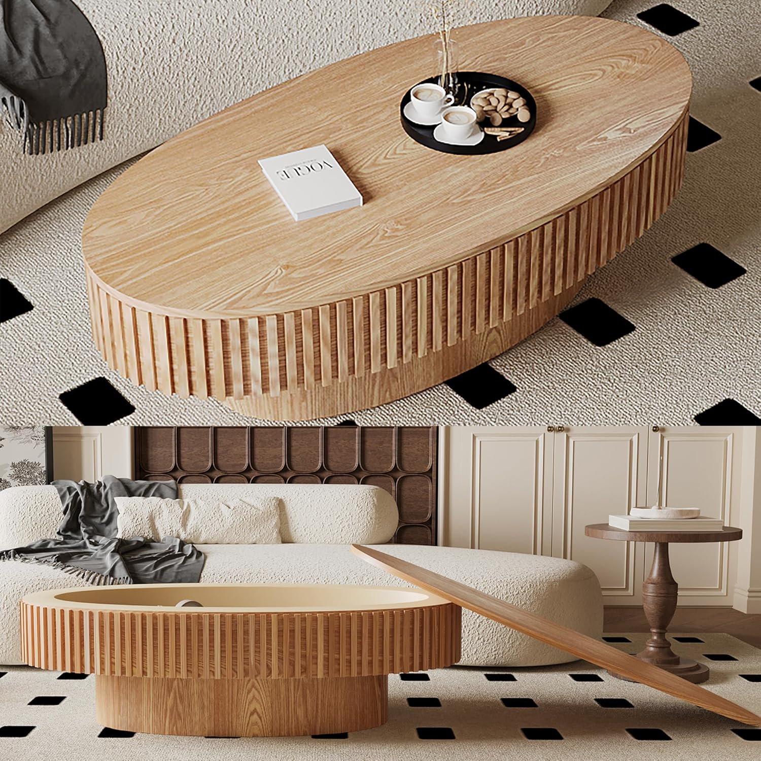 47.2''Oval Coffee Table with Storage, Mid Century Modern Drum Center Tables with Lid Fluted Solid