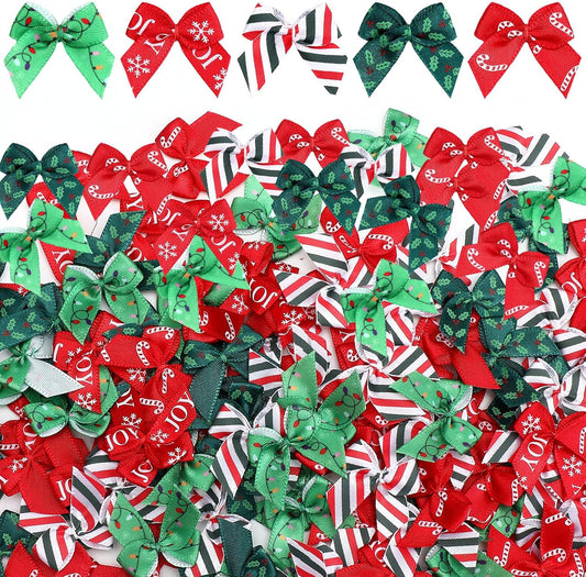 Syhood 150 Pcs Christmas Mini Bow Tiny Twist Tie Bow Handmade Craft Ribbon for DIY Sewing Party