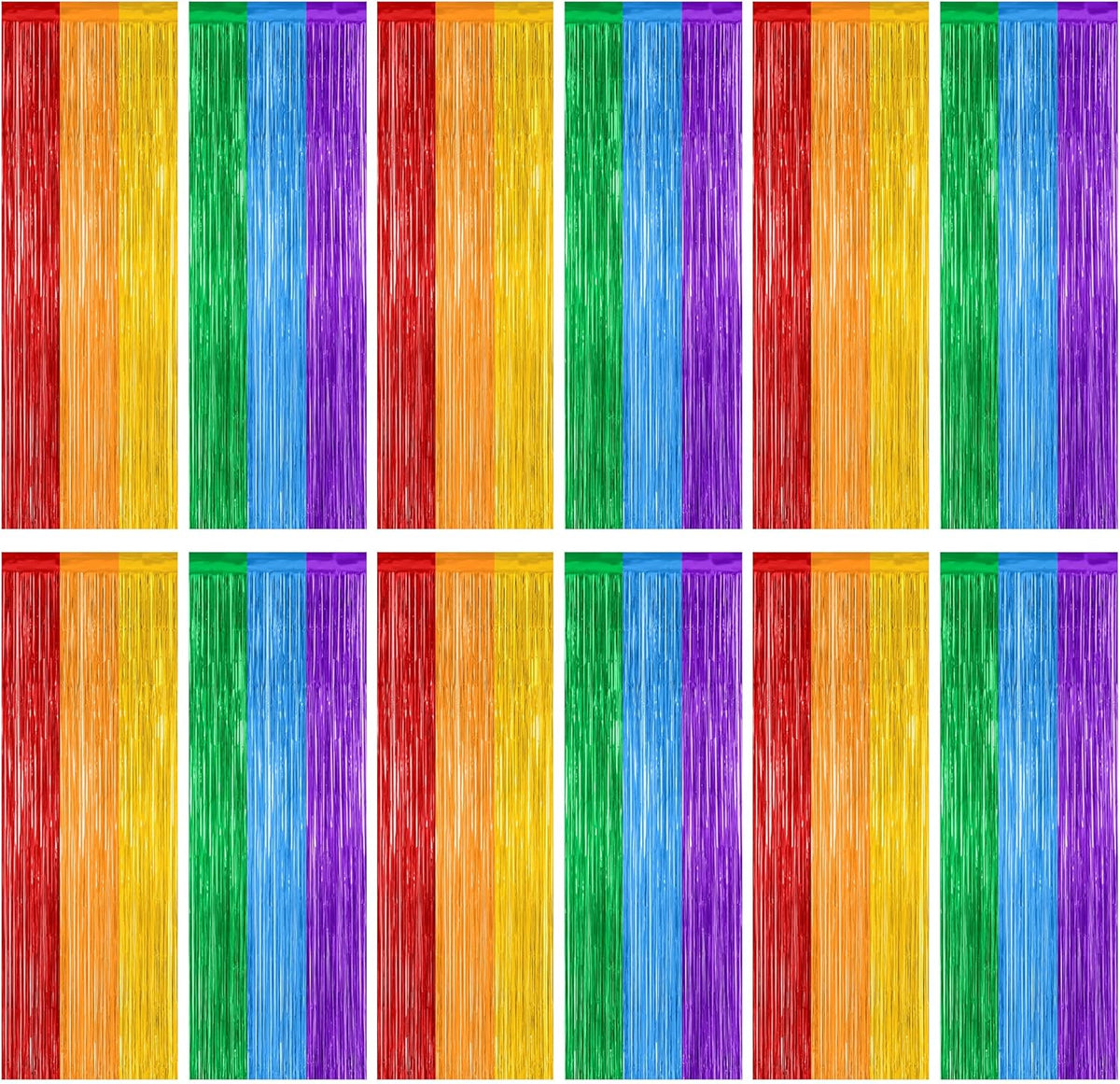 12 Pack Rainbow Backdrop, 3.28 FT x 7.05 FT Pride Decorations, Metallic Fringe Curtains Party