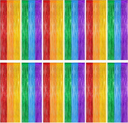 12 Pack Rainbow Backdrop, 3.28 FT x 7.05 FT Pride Decorations, Metallic Fringe Curtains Party
