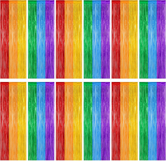12 Pack Rainbow Backdrop, 3.28 FT x 7.05 FT Pride Decorations, Metallic Fringe Curtains Party