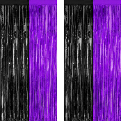 2 Pack Halloween Decor, 3.28 FT x 7.05 FT Purple and Black Foil Streamer, Metallic Fringe Curtains
