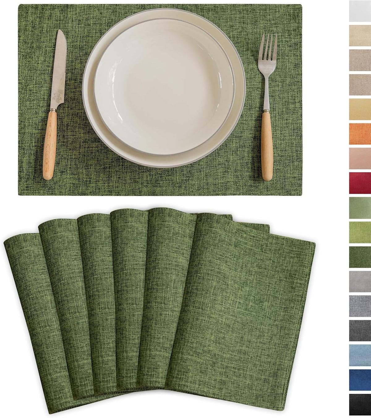 Demetex Green Placemats Set of 6 Vintage Cloth Textured Place Mats Stain Resistant for Holiday