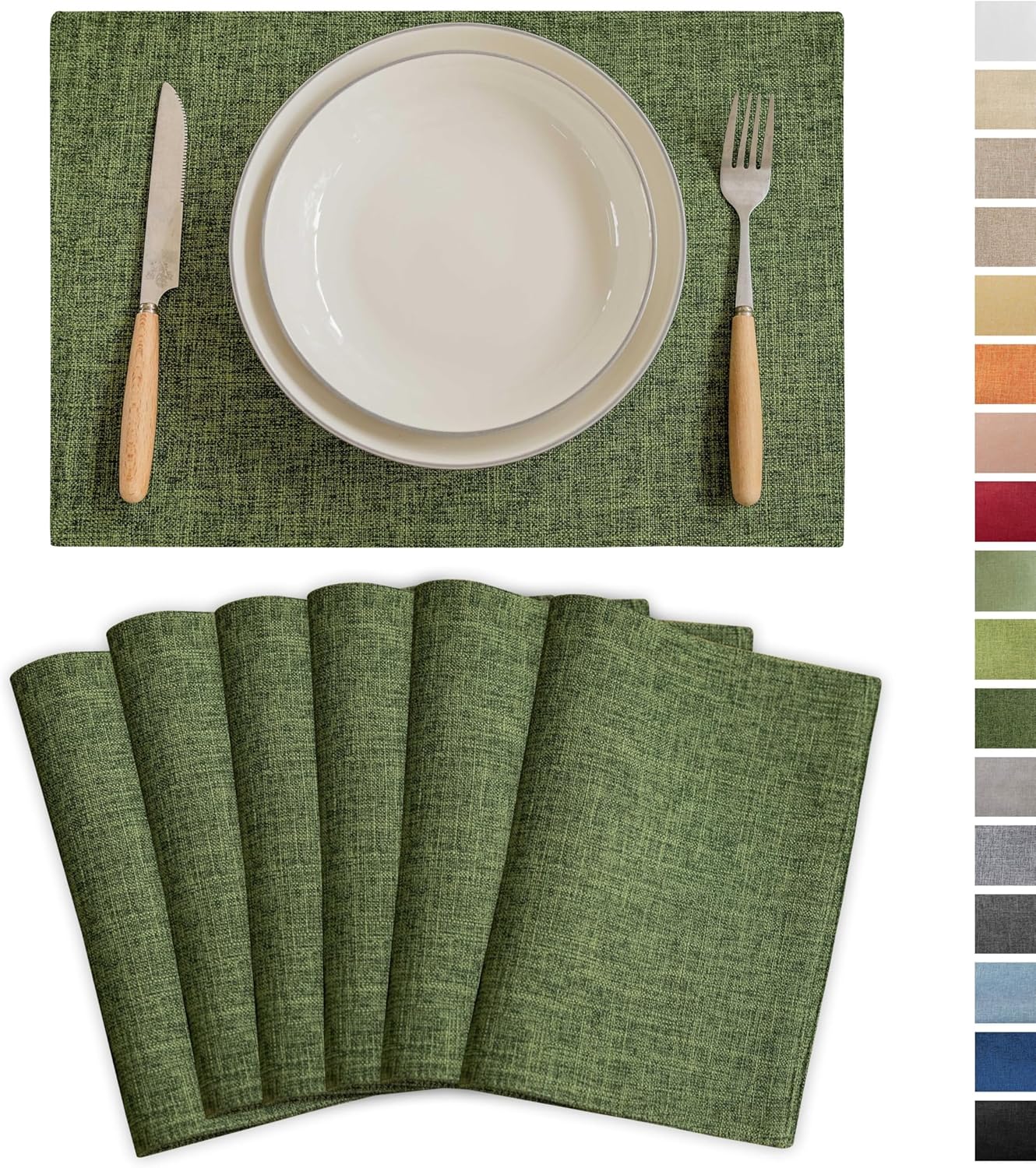 Demetex Green Placemats Set of 6 Vintage Cloth Textured Place Mats Stain Resistant for Holiday
