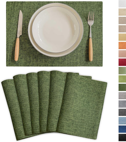 Demetex Green Placemats Set of 6 Vintage Cloth Textured Place Mats Stain Resistant for Holiday
