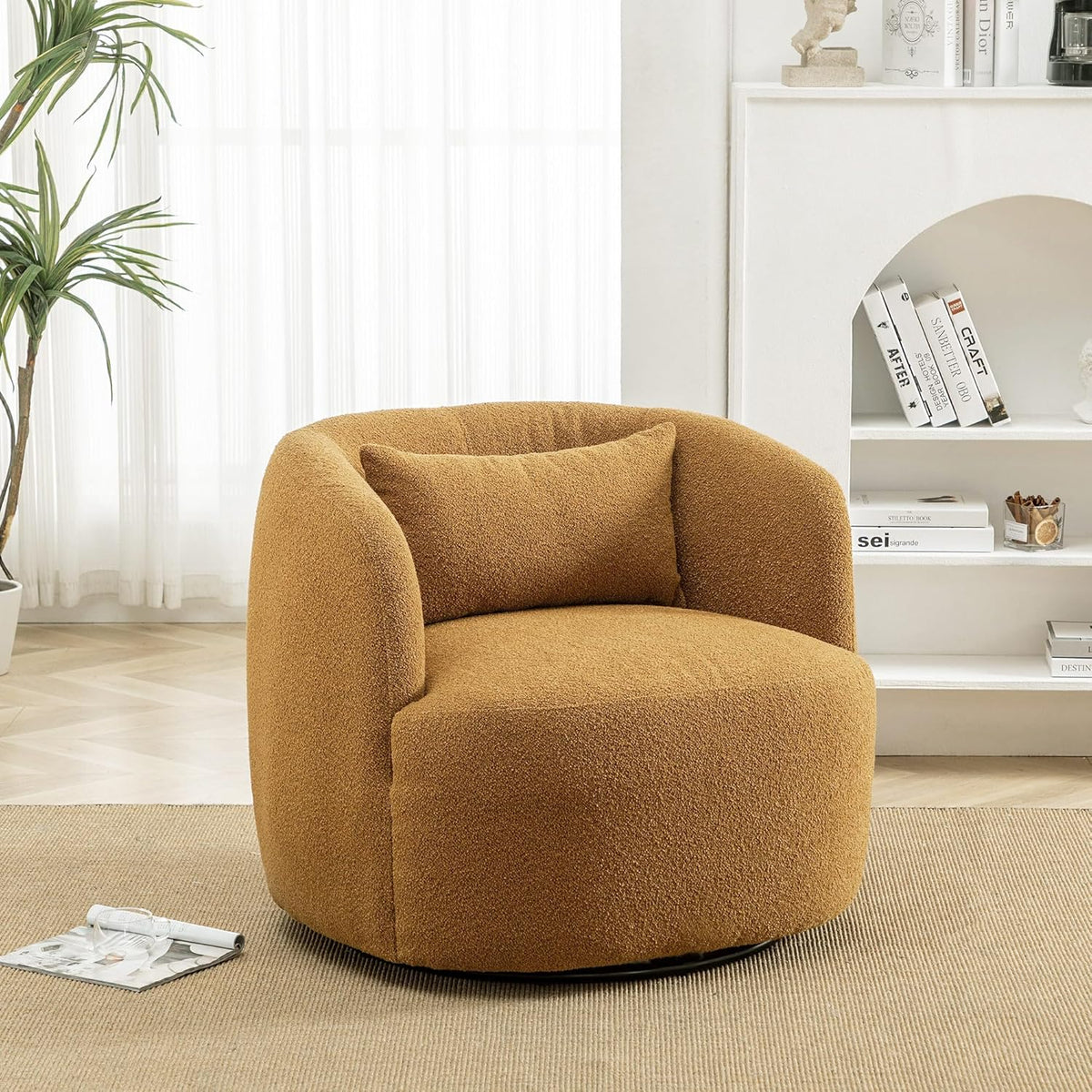 KINWELL 34" Wide Boucle Swivel Barrel Chair, No Assembly Round Upholstered Armchair Accent Chair