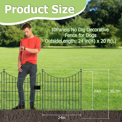 10 Panels Garden Fence Dog Fence Outdoor for Yard, 24in H x 20ft L Rustproof Metal Fencing with