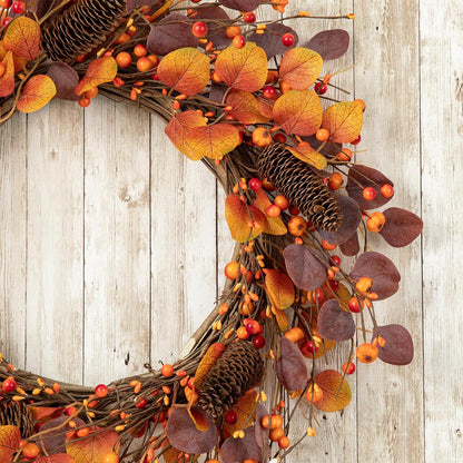 Glitzhome 22" D Fall Eucalyptus Berry Wreath, Artificial Wreaths Rustic Hanging Ornaments for Fall
