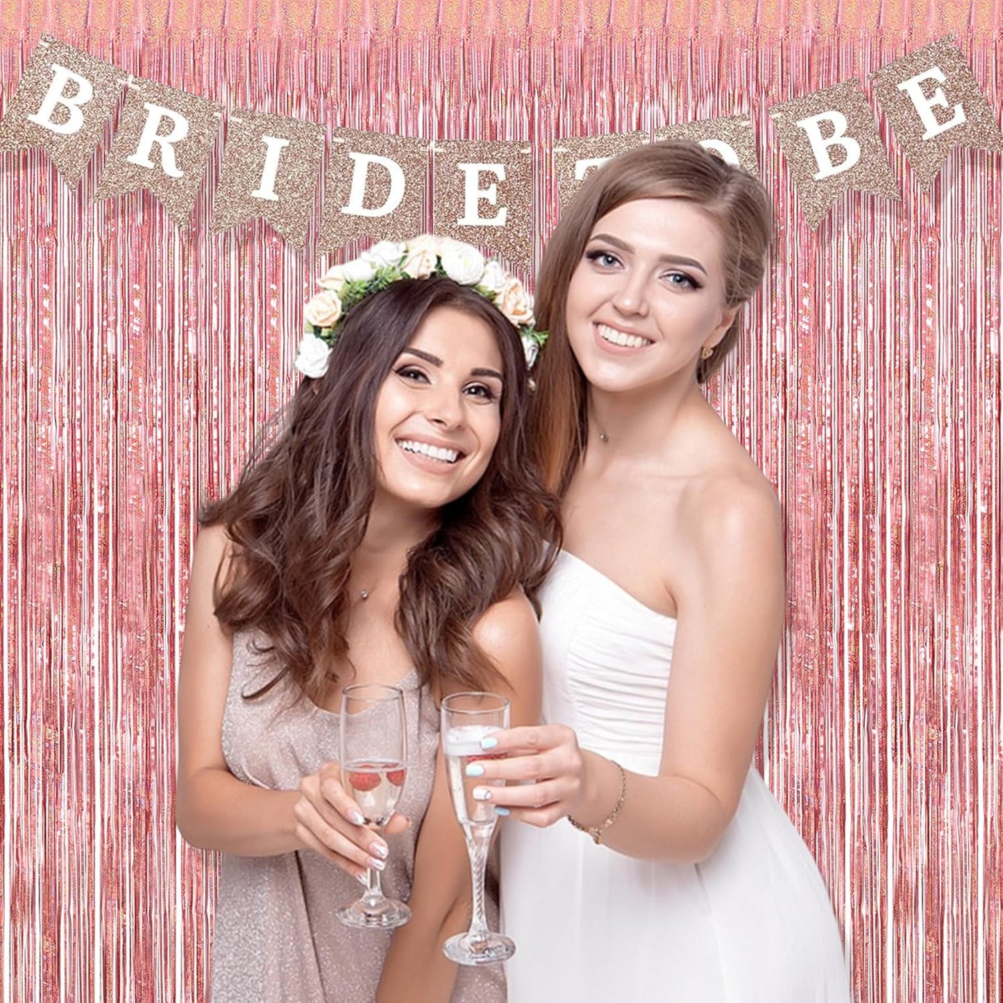 BRAVESHINE Rose-Gold Metallic Tinsel Backdrop - 2Pcs 3.2x8.2ft Metallic Tinsel Foil Fringe Curtains