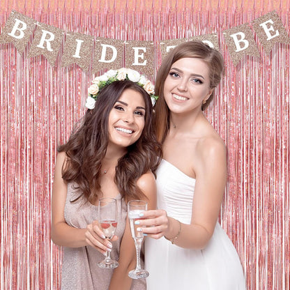 BRAVESHINE Rose-Gold Metallic Tinsel Backdrop - 2Pcs 3.2x8.2ft Metallic Tinsel Foil Fringe Curtains