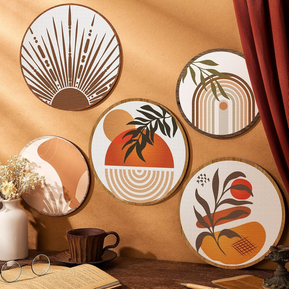 Qunclay 5 Pcs Wall Art Decor Wooden Living Room Wall Decor Bohemian Hanging Farmhouse Geometric