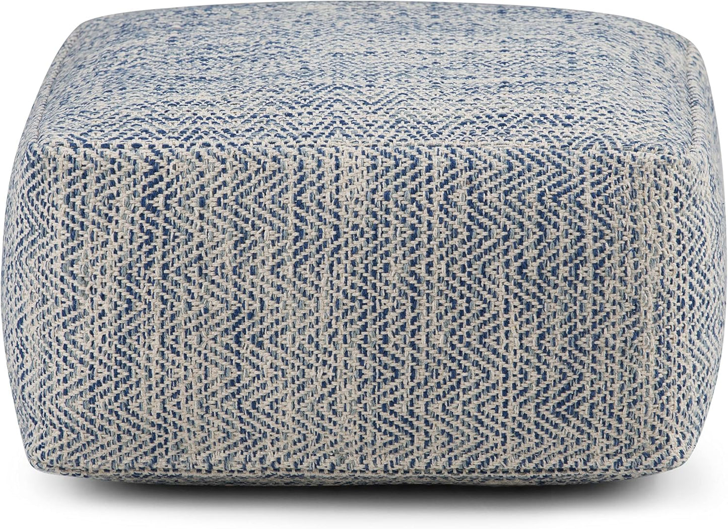 SIMPLIHOME Nate 20-inch Wide Square Pouf in Patterned Denim Mélange, Handwoven Boho-Style Cotton