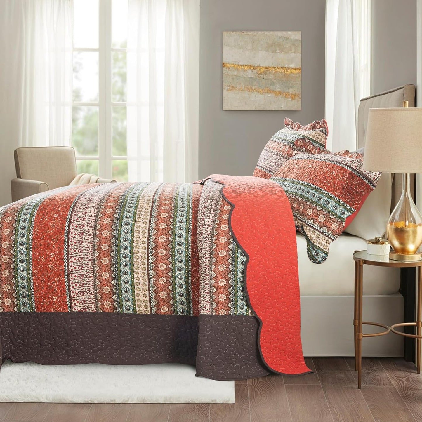 NEWLAKE Cotton Bedspread Quilt Sets - Reversible Patchwork Coverlet Set, Red Striped Jacquard