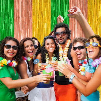 4 Pack Hawaiian Party Decorations, 3.28 FT x 7.05 FT Hawaii Tinsel Backdrop, Green Brown Yellow