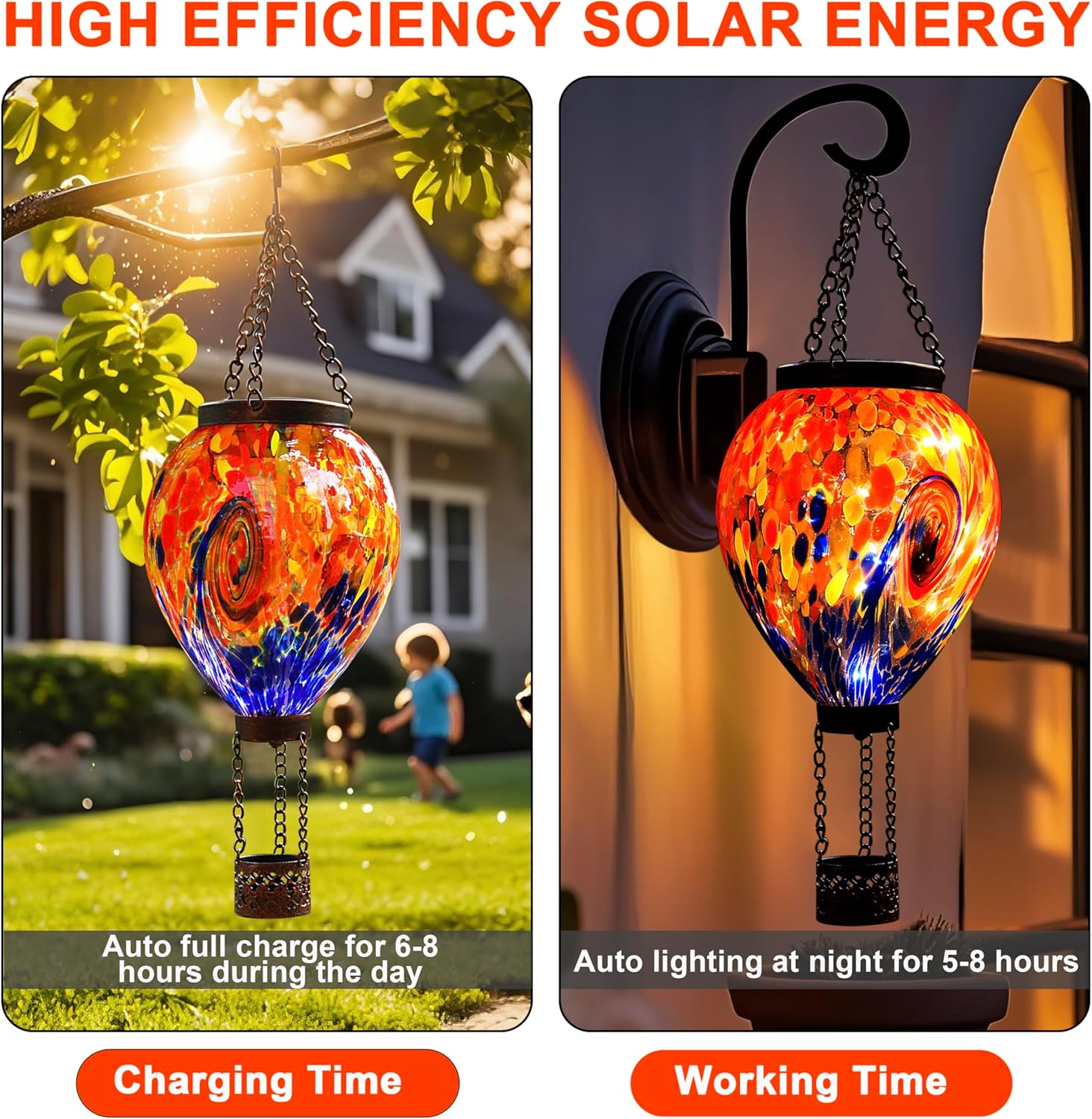 VOREEN Solar Hot Air Balloon Light – Hand Blown Colorful Glass Outdoor Hanging Lantern, Waterproof