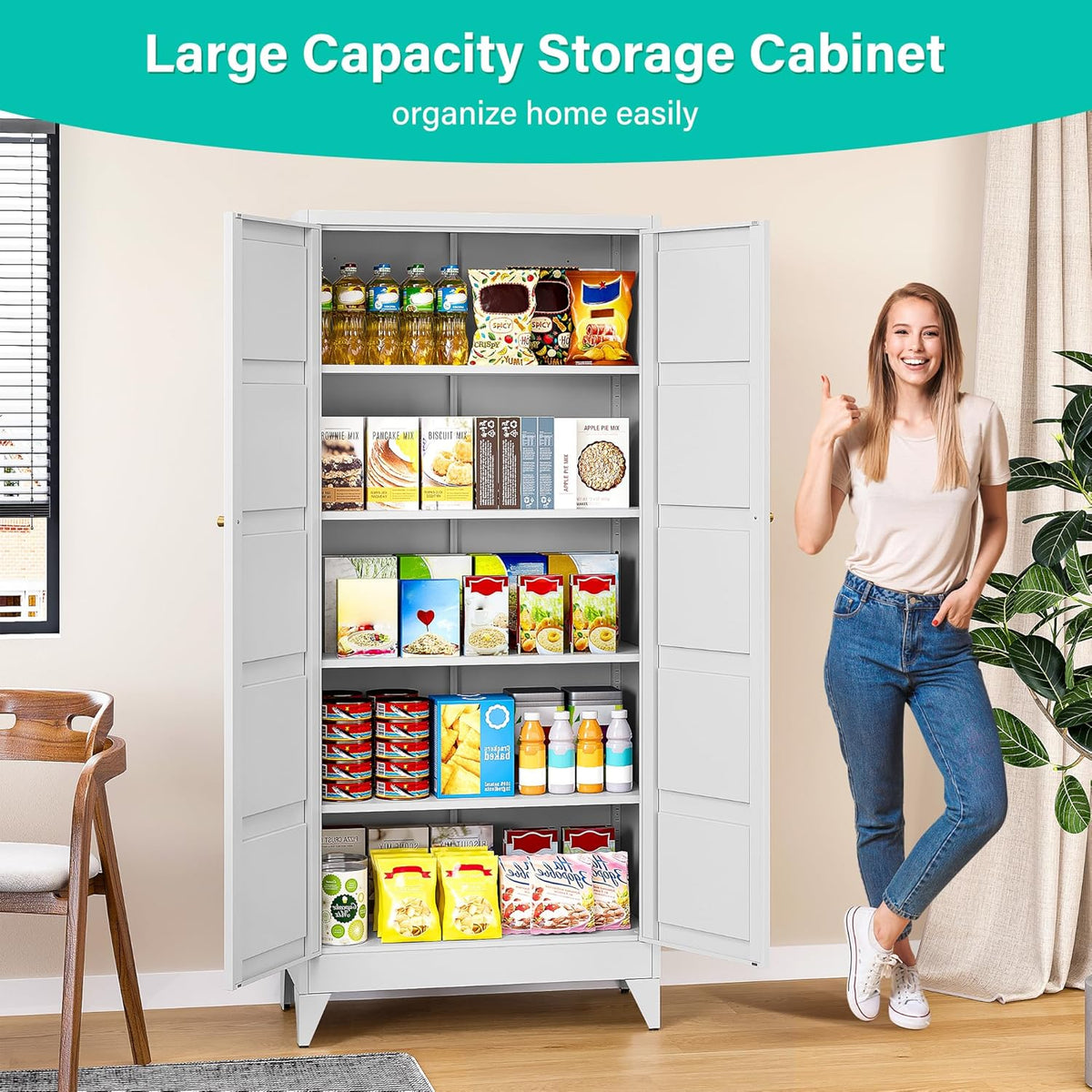 Metal Storages Cabinet with 2 Doors and 5 Shelves,Tall Storage Cabinet,Large Cupboard Closet,Pantry