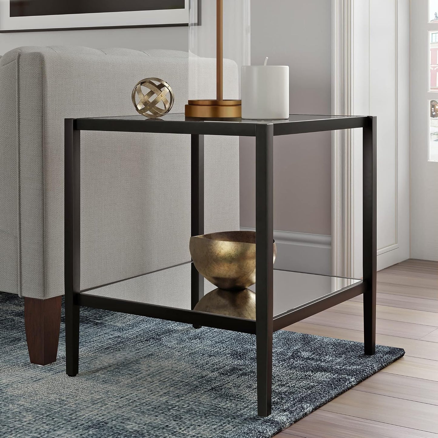 Henn&Hart 20" Wide Square Side Table with Mirror Shelf in Blackened Bronze, Table for Living Room